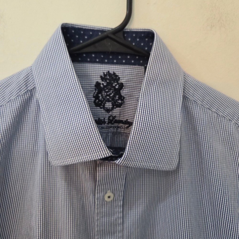 English Laundry Button Down Shirt 17 34/35 Blue White Micro Check Contrast Cuffs
